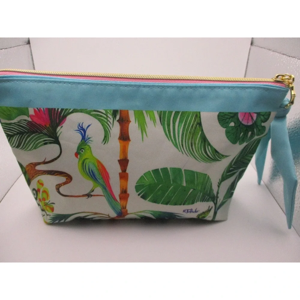 Estee Lauder‎ Ruben Toledo Tropical Parrot Makeup Bag Blue White Floral Cosmetic